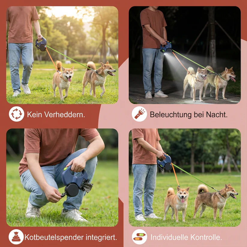 Doppelleine für 2 Hunde mit 360° Drehgelenk & Stoßdämpfer