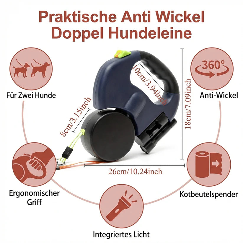 Doppelleine für 2 Hunde mit 360° Drehgelenk & Stoßdämpfer