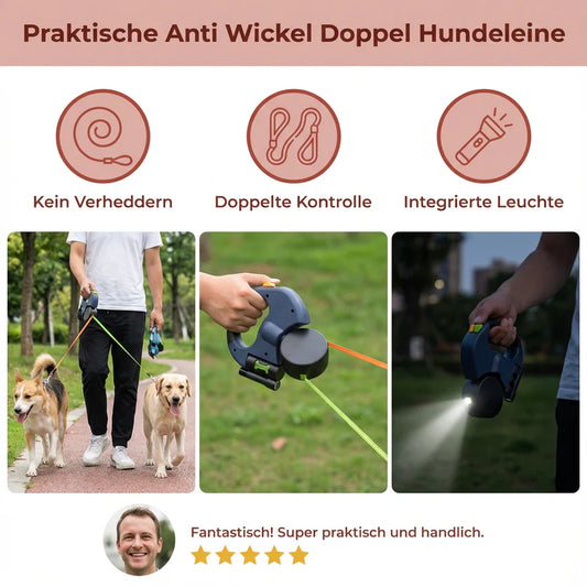 Doppelleine für 2 Hunde mit 360° Drehgelenk & Stoßdämpfer
